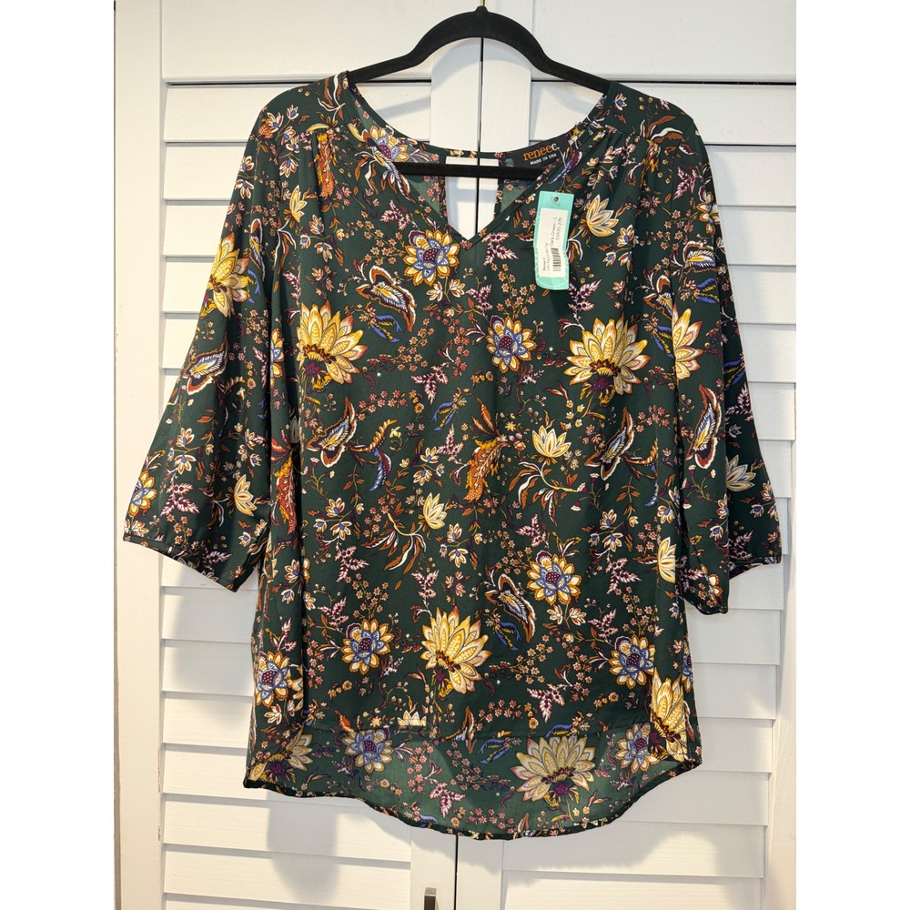 Renee C Loni Keyhole Back Top Dark Green Floral Paisley V-Neck‎ Blouse L NEW